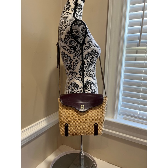 Etienne Aigner Handbags - Etienne Aigner Vintage Woven Straw Leather Crossbody Bag Oxblood Burgundy Basket